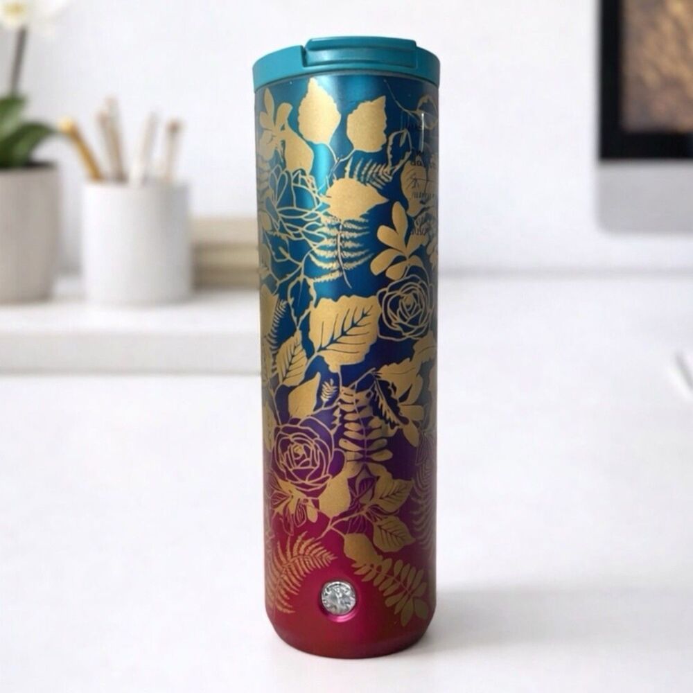 Starbucks Floral Gold Gradient Tumbler 16oz Teal Pink Travel Mug Insulated Cup